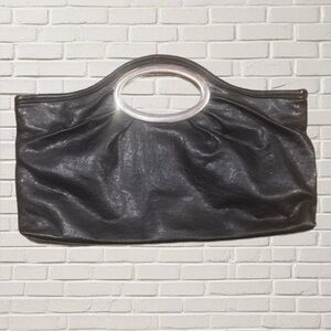 80s Minimalist Purse Black Faux Leather Clutch Bag with Oval Handles – 13x8